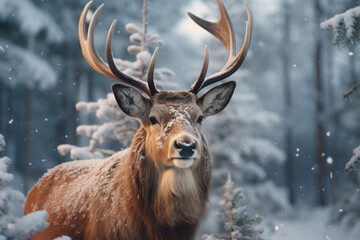 proud deer with big antlers in a snowy forest
