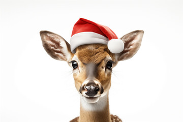 muzzle of a deer wearing a Santa Claus hat on a white background