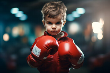 little boy in red boxing gloves with a stern face