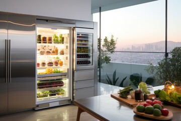 Open refrigerator with fresh vegetables and fruits in the kitchen. Generative AI