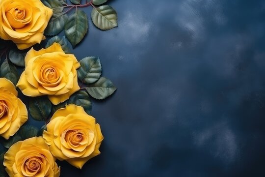 Top view of beautiful yellow roses on dark blue background. Generative AI