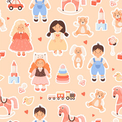 Children toys seamless pattern. Cute doll girls and boy, plush toys, rocking horse, pyramid, car, train, cubes, pacifier and rattle on beige background. Vector kids illustration in cartoon style.