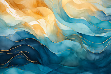 Abstract water ocean wave, blue, aqua,  teal sunny paint texture. Water wave brushstrokes banner background as ocean wave painting. Art wavy backdrop water waves, graphic illustration for copy space - obrazy, fototapety, plakaty