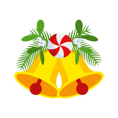 Two Christmas bells with lollipop and floral garland. Door wreath design element.