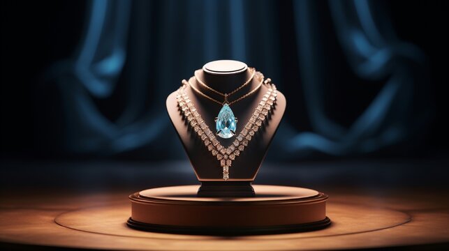 A jewelry podium with a diamond necklace on top, representing the most precious and coveted of gems.