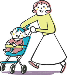 ベビーカーを押して散歩する若い母親と赤ちゃん　イラスト素材
