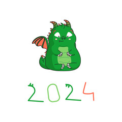 Isolated сute cartoon green baby dragon with colorful number. Clipart.