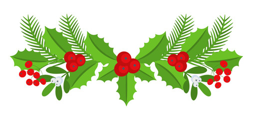 Christmas floral border. Spruce evergreen branch, poinsettia and holly berry - obrazy, fototapety, plakaty