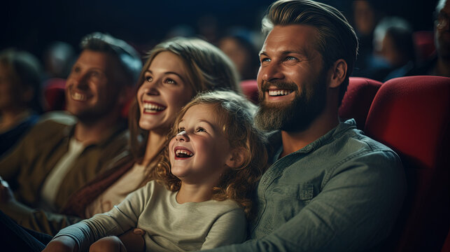 Joyful family in the cinema watching an exciting movie