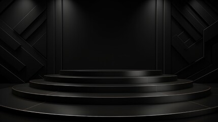 A 3D black geometric stage podium with a dark background that is asymmetrical and dynamic.