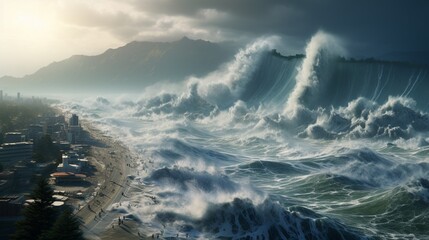 Fototapeta premium A digital island community depends on to forecast and manage tsunamis, safeguarding residents and structures