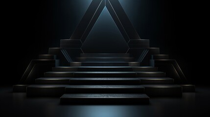 A 3D black geometric stage podium with a dark background that is connected to the ground by a staircase or ramp.