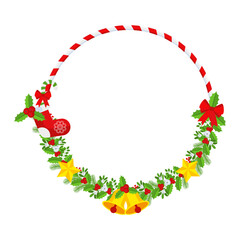 Christmas round floral wreath frame. Traditional winter garland icon