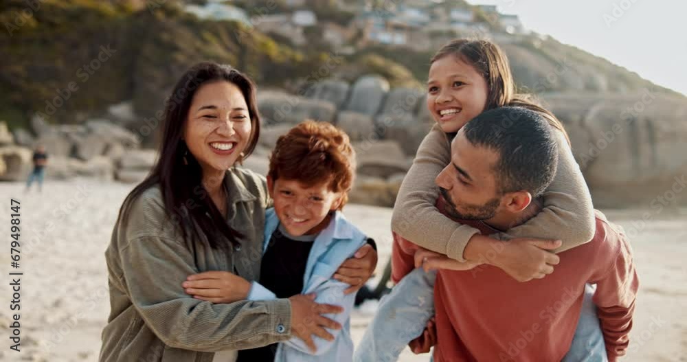 Sticker Beach, love and happy family in nature with hug, piggyback and friendly fight while bonding. Travel, freedom and excited children with parents at the sea for holiday, vacation or adventure in Florida