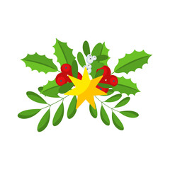 Christmas wreath design element with yellow star. Spruce evergreen branch