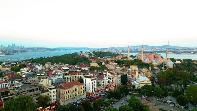 Sunset Cinematic Aerial View of Hagia Sophia in Sultanahmet district of Istanbul, Turkey.