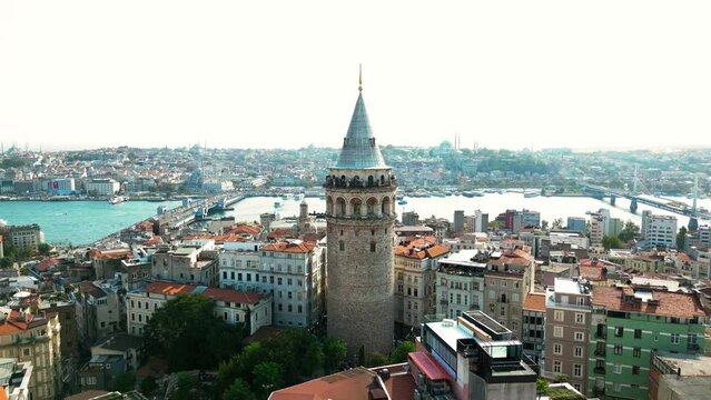 Cinematic Orbiting Drone Video of the Galata Tower in Beyoglu District In Istanbul, Turkey.