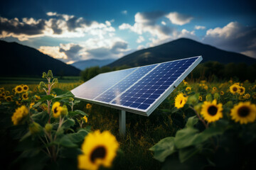 A solar panel nestled in a field of sunflowers and wildflowers, creating a picturesque scene with green and blue hues.
