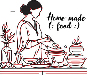 Indian mom cooking food in a kitchen line art vector