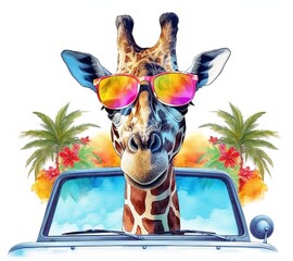 giraffe sportscar wearing sunglasses and covered in tatoos, hand drawn, vibrant colors