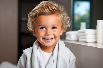 portrait of a smiling little child in a bathroom after a shower