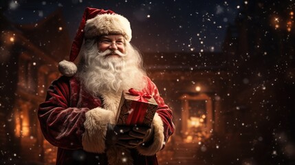 smiling santa claus holding a present in his hand on a winter background