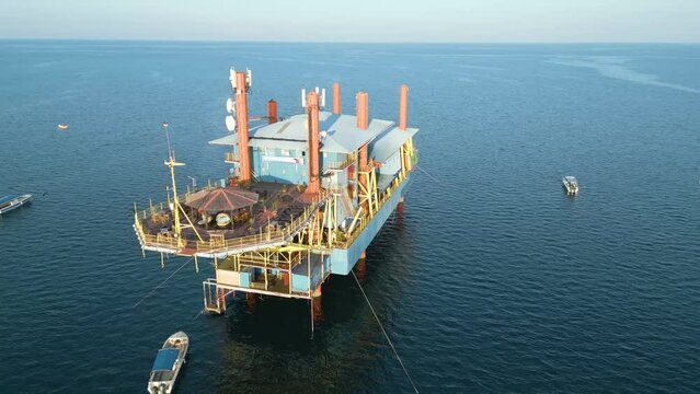 Daytime aerial view of Sabah Celebes Sea Diving Station, an haven for diving enthusiasts, situated in the heart of the Celebes Sea in Sabah, Malaysia.
