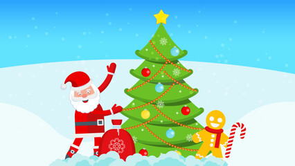 Cute Santa Claus, gingerbread man and xmas tree.