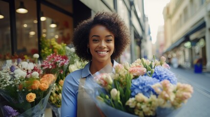 Smiling flowers shop worker looking at camera holding decoration of beautiful floral blossom...