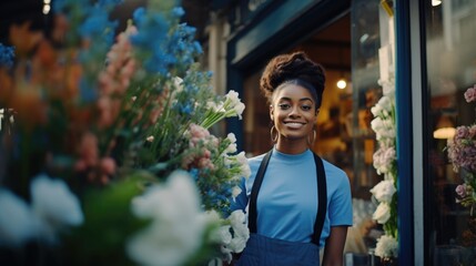 Smiling flowers shop worker looking at camera holding decoration of beautiful floral blossom bouquet from customer order, small business owner female happy working in store summer day, retail sale - Powered by Adobe