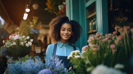 Smiling flowers shop entrepreneur looking at camera holding decoration of beautiful floral blossom bouquet from customer order, small business freelance owner happy working in summer day, retail sale