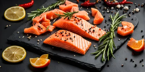 Foto op Plexiglas Fresh salmon pieces, pepper, rosemary leaves on stone plate on dark background. © Smile Studio AP
