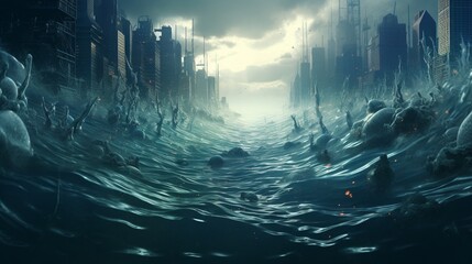 a fictional cityscape being submerged by a digital tsunami