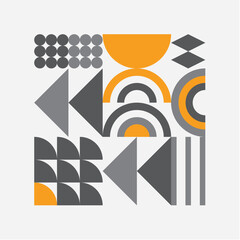 Abstract geometric shapes pattern, Bauhaus minimal art design background. Modern circle, triangle and square lines art. Yellow and grey color, trendy Bauhaus pattern background.
