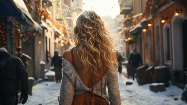 low angle photo from the back of a blonde woman walking in Lisbon, with lots of snow, in a narrow 