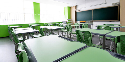 School classroom with desks and chairs