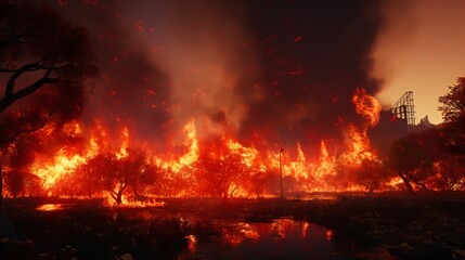 Fototapeta na wymiar a man-made wildfire burning in an artificial park