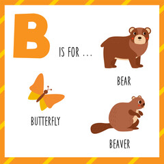 Learning English alphabet for kids. Letter b. Cute cartoon bear beaver butterfly.