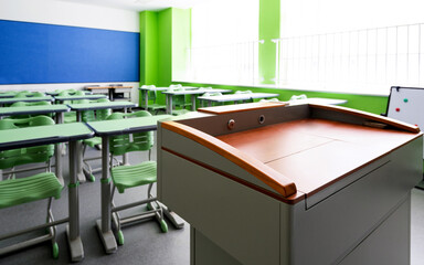 School classroom with desks and chairs
