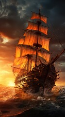 epic cinematic shot. pirate ship sailing on open sea. 