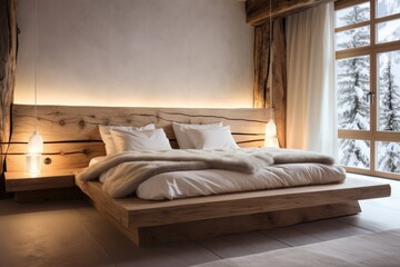 wooden bed in a minimalistic boho styled bedroom