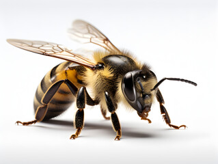 Close-up of a fuzzy bee with delicate wings and striking yellow and black stripes on white background.