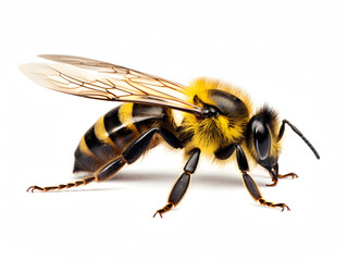 Close-up of a fuzzy bee with delicate wings and striking yellow and black stripes on white background.