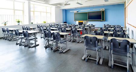 School classroom with desks and chairs