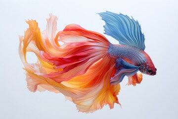 A colorful betta fish in a graceful swim in front of a minimalist white backdrop. Generative AI