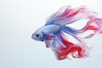 A colorful betta fish in a graceful swim in front of a minimalist white backdrop. Generative AI