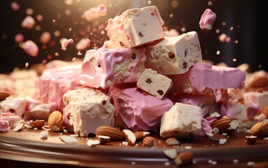 Delicious Nougat Treats with Pink Icing and Nuts