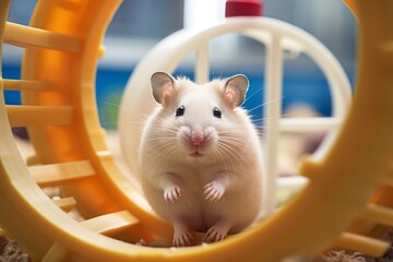 A mischievous hamster enjoying a wheel in a clean, white habitat. Generative AI