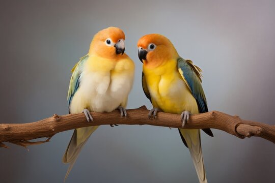 A pair of bonded lovebirds perched on a white branch in a studio setup. Generative AI