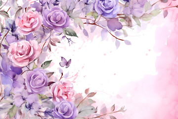 Valentine's Day Watercolor Bliss:Gentle Pink-Purple Website Background Featuring Watercolor Roses and Butterflies, Crafting an Enchanting Canvas Perfect for Expressing Love and Romance. Place for text